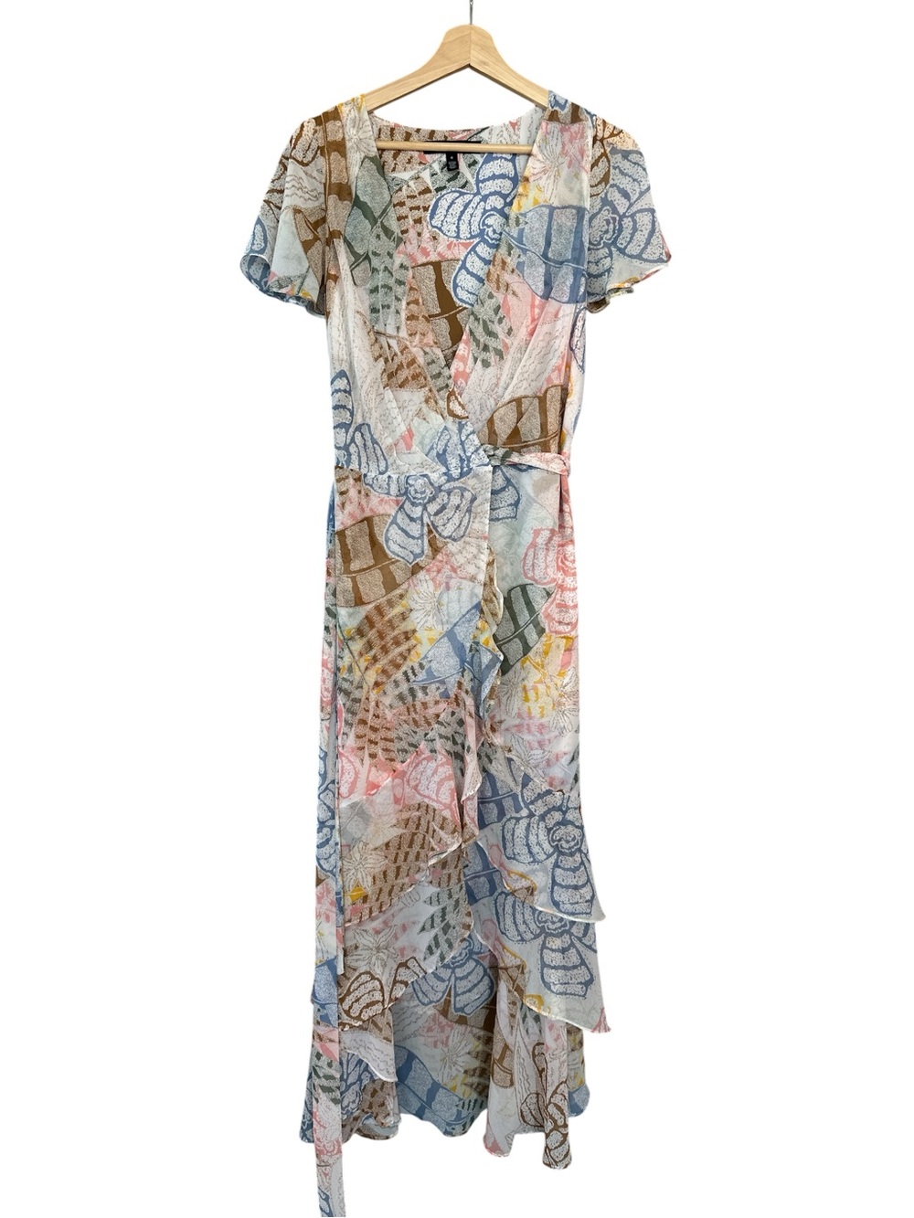 WHBM Ruffle Sleeve Seashell Chiffon Wrap Dress - Picture 2 of 8